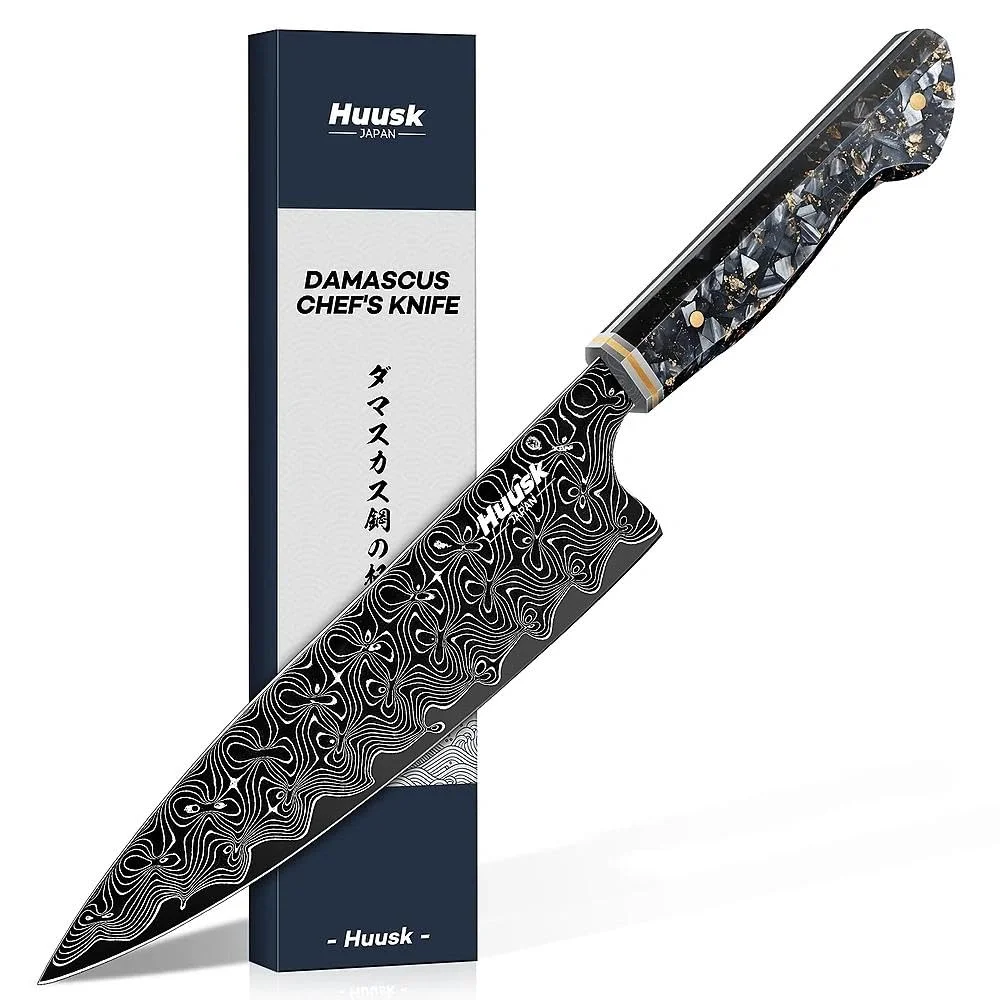 Huusk Damascus Chef Knife, 8", Silver