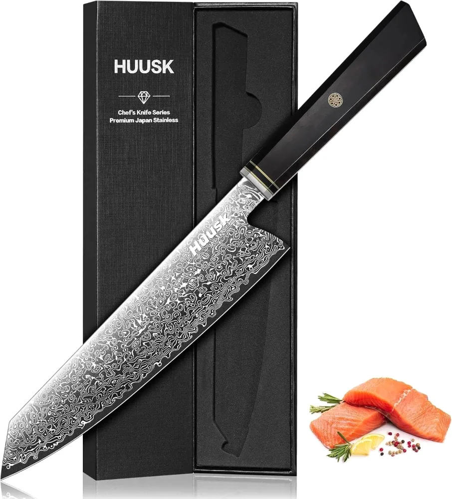 Huusk Damascus Chef Knife, 8", Black