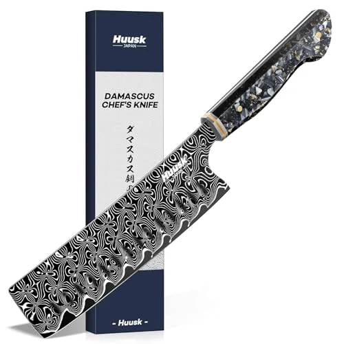 Huusk Damascus Nakiri Knife, 7", Black
