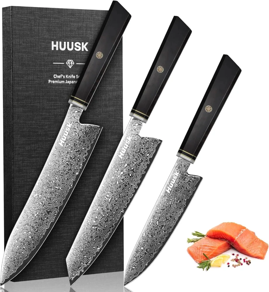Huusk Damascus Chef Knife Set, 3 pieces, Black