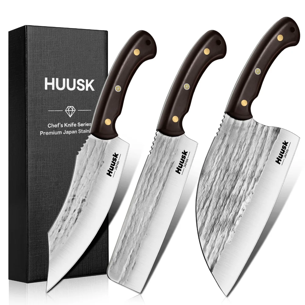 Huusk Hand Forged Butcher Knife Set, 3 pieces, Silver