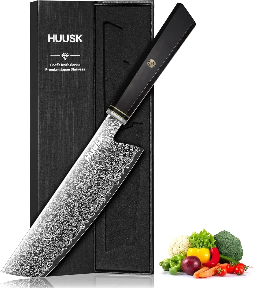 Huusk Damascus Nakiri Knife, 7", Silver