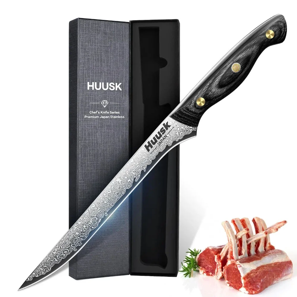 Huusk Damascus Boning Knife Brisket Trimming, 8"